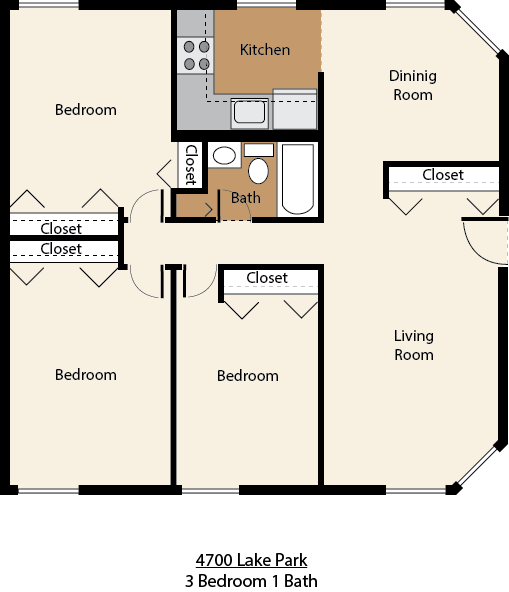 Floor plan for 3 beds, 1 bath, 1112 sqft